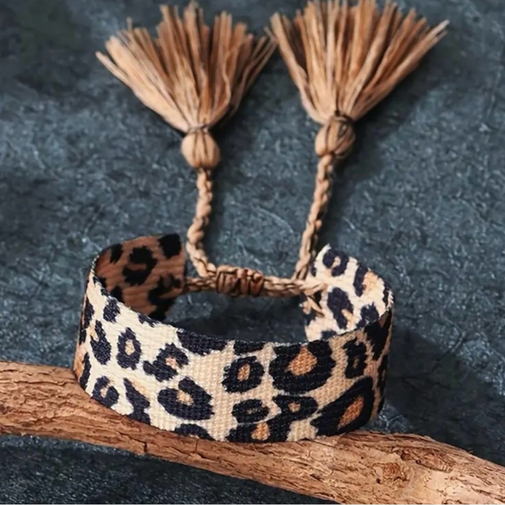 Leopard Print Woven Bracelet with Tassels